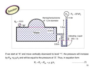 33
3)
(SG
Liquid
indicating

m
5
.
1
m
6
.
0
m
6
.
0
Water
diameter
m
1.2
f
o
dome
cal
Hemispheri Air
A
P
????
PB 
a
A kP
87
P 
"
B
"
1 2
i
i
air
2
1 h
g
P
P
P 



If we start at “A” and move vertically downward to level “1”, the pressure will increase
by PA +i g hi and will be equal to the pressure at “2”. Thus, in equation form
……………….. (1)
 