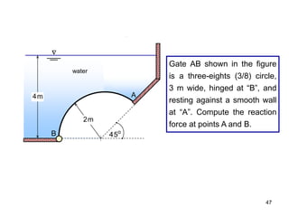 47
o
5
4
A
B
m
4
m
2
water

Gate AB shown in the figure
is a three-eights (3/8) circle,
3 m wide, hinged at “B”, and
resting against a smooth wall
at “A”. Compute the reaction
force at points A and B.
 