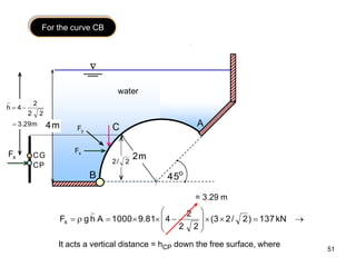 51
o
5
4
A
B
m
4
m
2
water

C
x
F
y
F
For the curve CB
x
F G
C
P
C
2
/
2
m
29
.
3
2
2
2
4
h




















 kN
137
)
2
/
2
3
(
2
2
2
4
81
.
9
1000
A
h
g
Fx
= 3.29 m
It acts a vertical distance = hCP down the free surface, where
 