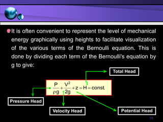 55
It is often convenient to represent the level of mechanical
energy graphically using heights to facilitate visualization
of the various terms of the Bernoulli equation. This is
done by dividing each term of the Bernoulli's equation by
g to give:
.
const
H
z
g
2
V
g
P 2





Total Head
Potential Head
Velocity Head
Pressure Head
 