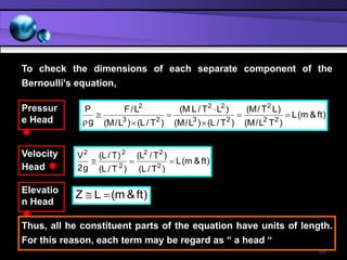 56
)
ft
&
m
(
L
)
T
L
/
M
(
)
L
T
/
M
(
)
T
/
L
(
)
L
/
M
(
)
L
T
/
L
M
(
)
T
/
L
(
)
L
/
M
(
L
/
F
g
P
2
2
2
2
3
2
2
2
3
2








)
ft
&
m
(
L
)
T
/
L
(
)
T
/
L
(
)
T
/
L
(
)
T
/
L
(
g
2
V
2
2
2
2
2
2



)
ft
&
m
(
L
Z 

Pressur
e Head

Velocity
Head 
Elevatio
n Head

To check the dimensions of each separate component of the
Bernoulli's equation,
Thus, all he constituent parts of the equation have units of length.
For this reason, each term may be regard as “ a head “
 