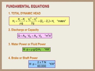   meters"
"
H
Z
Z
g
2
V
V
P
P
H L
1
2
2
1
2
2
1
2
t 







g
/s"
m
"
Q 3
d
d
S
S V
A
V
A 



KW"
"
W T
H
Q
g
p 


KW"
"
W
000
.
60
N
T
2
p



 