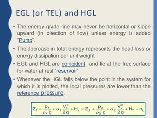 EGL (or TEL) and HGL
• The energy grade line may never be horizontal or slope
upward (in direction of flow) unless energy is added
“Pump”.
• The decrease in total energy represents the head loss or
energy dissipation per unit weight
• EGL and HGL are coincident and lie at the free surface
for water at rest “reservoir”
• Whenever the HGL falls below the point in the system for
which it is plotted, the local pressures are lower than the
reference pressure.
L
T
2
2
2
2
2
2
p
2
1
1
1
1
1 h
H
g
2
V
g
p
Z
H
g
2
V
g
p
Z 











 