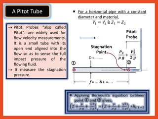 Pitot-
Probe
D =……..
 
f = … & L =….
 Pitot Probes “also called
Pitot”: are widely used for
flow velocity measurements.
It is a small tube with its
open end aligned into the
flow so as to sense the full
impact pressure of the
flowing fluid.
 It measure the stagnation
pressure.
A Pitot Tube
Stagnation
Point
 
