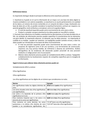 Definiciones básicas

Es importante distinguir desde el principio la diferencia entre exactitud y precisión:

1. Exactitud es el grado en el cual la información de un mapa o en una base de datos digital se
muestra verdadera o con valores aceptables. La exactitud es un asunto perteneciente a la cualidad
de los datos y al número de errores contenidos en un conjunto de datos o mapa. Analizando una
base de datos de un SIG, es posible considerar la exactitud horizontal y vertical con respecto a la
posición geográfica, tanto atributiva y conceptual, como en la agudeza lógica.
     El nivel de exactitud requerido puede variar enormemente de unos casos a otros.
     Producir y compilar una gran exactitud en los datos puede ser muy difícil y costoso.
2. Precisión hace referencia a la medida y exactitud de las descripciones en las base de datos de un
SIG. Los atributos de información precisos pueden especificar la características de los elementos
con gran detalle. Es importante observar, no obstante, que los datos precisos - no importando el
cuidado en su medida - pueden ser inexactos. Los topógrafos pueden cometer errores, o bien los
datos pueden ser introducidos en las bases de datos incorrectamente.
     El nivel de precisión requerido puede variar enormemente de unos casos a otros. Los
         proyectos de ingeniería como el de una carretera, y las herramientas de construcción,
         requieren una muy precisa medida, de milímetros a decenas de centímetros. Análisis
         demográficos de las tendencias del electorado pueden prescindir de esta precisión
         mediante un código postal o de circunscripción.
     Obtener datos altamente precisos puede ser verdaderamente difícil y costoso. Topografiar
         cuidadosamente las localizaciones requiere de compañías específicas para la recogida de
         la información.

Según la lectura para obtener datos altamente precisos puede ser:

Verdaderamente difícil y costoso

Cifras Significativas

Cifras significativas

Las cifras significativas son los dígitos de un número que consideramos no nulos.

Norma                                                Ejemplo
Son significativos todos los dígitos distintos de    8723 tiene cuatro cifras significativas
cero.
Los ceros situados entre dos cifras significativas   105 tiene tres cifras significativas
son significativos.
Los ceros a la izquierda de la primera cifra         0,005 tiene una cifra significativa
significativa no lo son.
Para números mayores que 1, los ceros a la           8,00 tiene tres cifras significativas
derecha de la coma son significativos.
Para números sin coma decimal, los ceros             7 X 102 tiene una cifra significativa
posteriores a la última cifra distinta de cero       7,0 X 102 tiene dos cifras significativas
pueden o no considerarse significativos. Así,
 