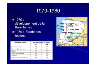 19701970--19801980
1970 :1970 :
développement de ladéveloppement de la
BaieBaie--JamesJames
1980 : Exode des1980 : Exode des
régionsrégions
 