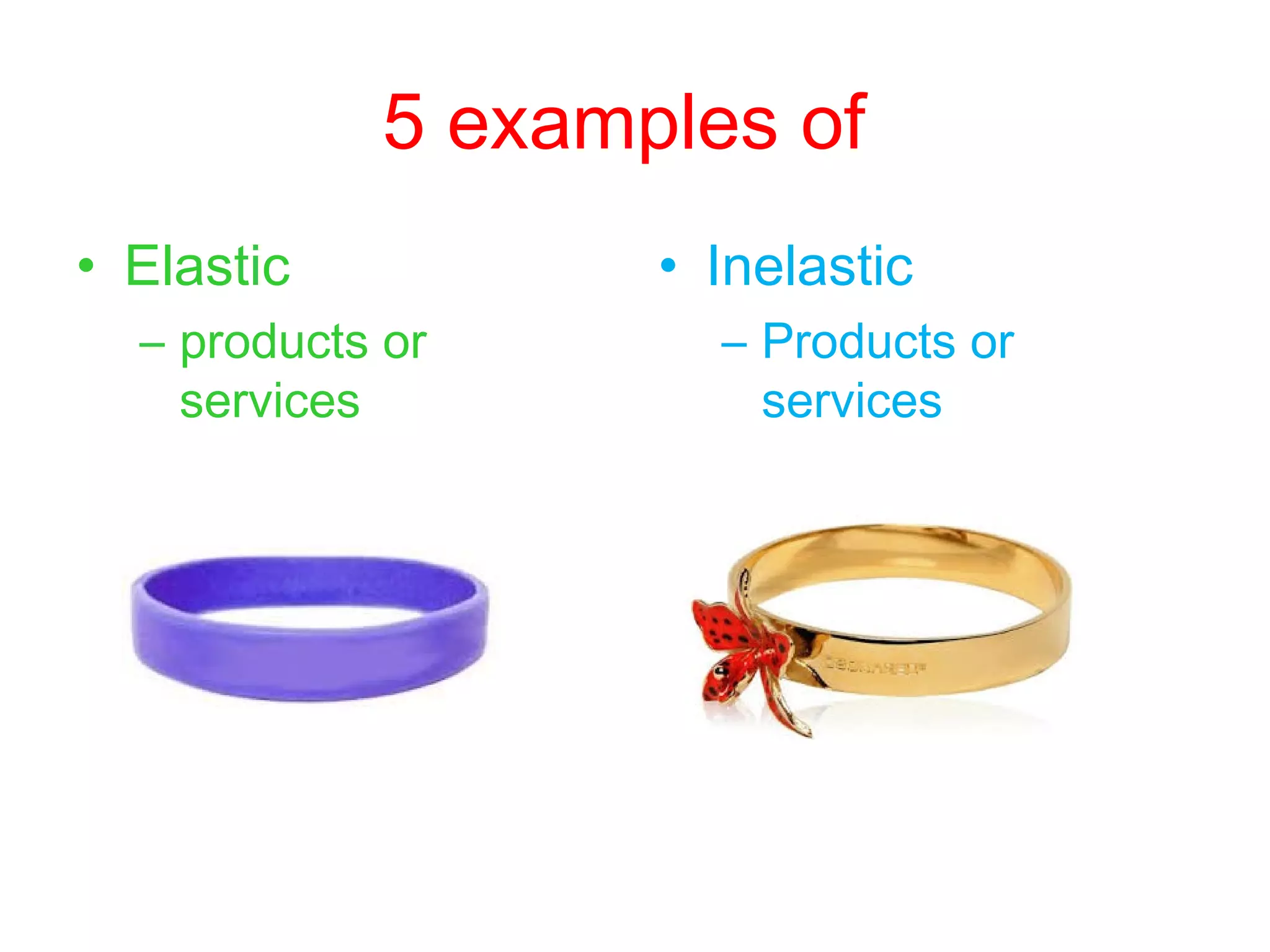 5 examples of 
• Elastic 
– products or 
services 
• Inelastic 
– Products or 
services 
 
