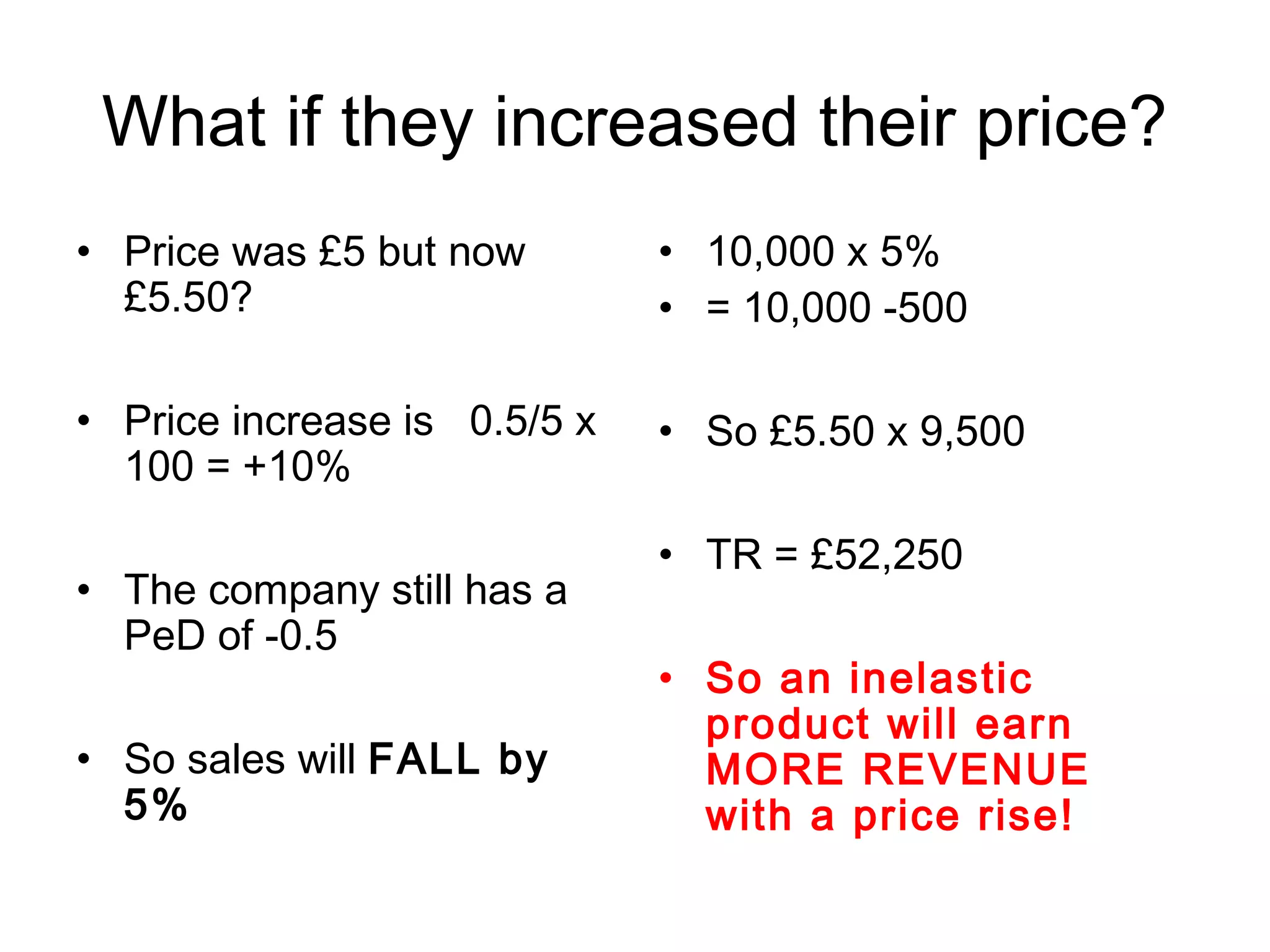 What if they increased their price? 
• Price was £5 but now 
£5.50? 
• Price increase is 0.5/5 x 
100 = +10% 
• The company still has a 
PeD of -0.5 
• So sales will FALL by 
5% 
• 10,000 x 5% 
• = 10,000 -500 
• So £5.50 x 9,500 
• TR = £52,250 
• So an inelastic 
product will earn 
MORE REVENUE 
with a price rise! 
 