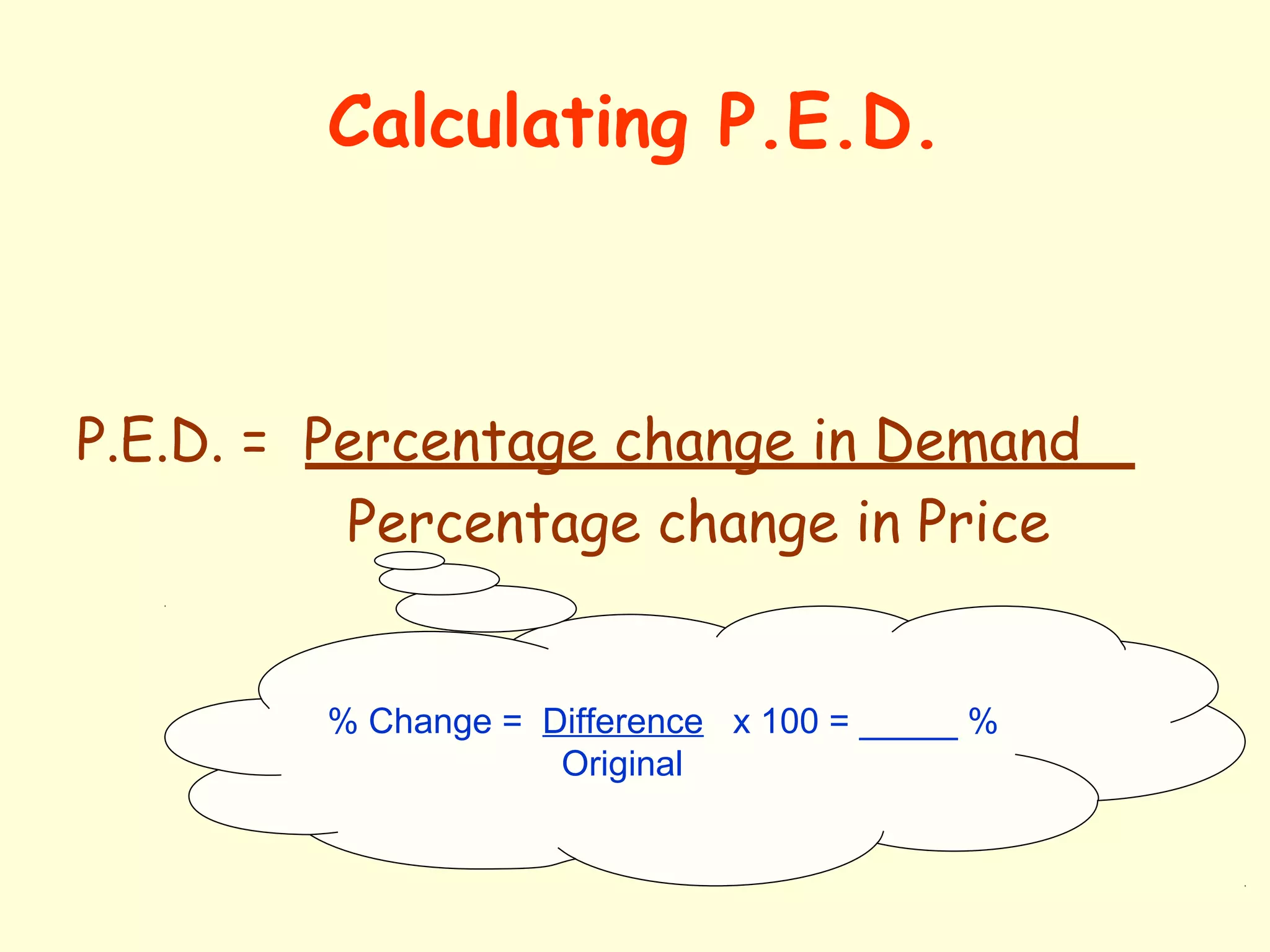 Calculating P.E.D. 
P.E.D. = Percentage change in Demand 
Percentage change in Price 
% Change = Difference x 100 = _____ % 
Original 
 
