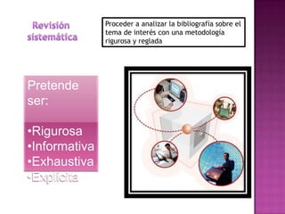 Revisión sistemáticaProceder a analizar la bibliografía sobre el tema de interés con una metodología rigurosa y regladaPretende ser:Rigurosa