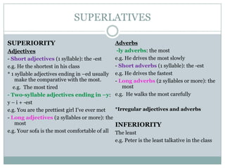 SUPERLATIVES
SUPERIORITY

Adverbs
-ly adverbs: the most
Adjectives
e.g. He drives the most slowly
- Short adjectives (1 syllable): the -est
- Short adverbs (1 syllable): the -est
e.g. He the shortest in his class
* 1 syllable adjectives ending in –ed usually e.g. He drives the fastest
make the comparative with the most.
- Long adverbs (2 syllables or more): the
most
e.g. The most tired
- Two-syllable adjectives ending in –y: e.g. He walks the most carefully
y – i + -est
*Irregular adjectives and adverbs
e.g. You are the prettiest girl I’ve ever met
- Long adjectives (2 syllables or more): the
most
INFERIORITY
e.g. Your sofa is the most comfortable of all The least
e.g. Peter is the least talkative in the class

 