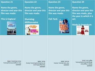 Question 21
Name the genre,
director and year this
film was made:
This Is England
Question 22
Name the genre,
director and year this
film was made:
Slumdog
Millionnaire
Question 23
Name the genre,
director and year this
film was made:
Fish Tank
Question 24
Name the genre,
director and year this
film was made, plus
the year in which it is
set:
Made In Dagenham
ANSWER
ThisIsEngland(Crime/Drama,
ShaneMeadows,2006)
ANSWER
SlumdogMillionaire
(Crime/Drama/Romance,Danny
Boyle,2008)
ANSWER
FishTank(Drama,Andrea
Arnold,2009)
ANSWER
MadeinDagenham
(Biography/Comedy/Drama,
NigelCole,2010)
 