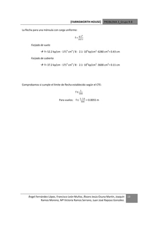 [FARNSWORTH HOUSE] PROBLEMA 3_Grupo R-8

La flecha para una ménsula con carga uniforme:

                                                   1 
                                            f=
                                                  1 1

       Forjado de suelo

                  f= 52.2 kp/cm · 1714 cm4 / 8 · 2.1· 106 kp/cm2· 6280 cm4= 0.43 cm

       Forjado de cubierta

                  f= 37.2 kp/cm · 1714 cm4 / 8 · 2.1· 106 kp/cm2· 3600 cm4= 0.11 cm




Comprobamos si cumple el límite de flecha establecido según el CTE:

                                             f≤
                                                  '

                                                   1#
                               Para vuelos: f ≤          = 0.0055 m
                                                   '




     Ángel Fernández López, Francisco León Muñoz, Álvaro Jesús Osuna Martín, Joaquín   13
               Ramos Moreno, Mª Victoria Ramos Serrano, Juan José Raposo González.
 