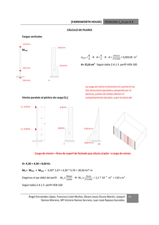 [FARNSWORTH HOUSE] PROBLEMA 3_Grupo R-8

                                                CÁLCULO DE PILARES

 Cargas verticales

  249,60 Kn
                                    249,60 Kn
 MVX1
                                                                                    4        '   %
                                                           σmáx =             A=        A=             = 0,00218 m2
                                                                      -                      $ ' 


                                     599,34 Kn             A= 21,8 cm2 Según tabla 2.A 1.3 perfil HEB-100
  349,74 Kn




  599,34 Kn                     N


                                                                 La carga de viento la tenemos en cuenta en las
                                                                 dos direcciones (paralela y perpendicular al
                                                                 pórtico), puesto de ambas afectan al
 Viento paralelo al pórtico de carga (Vx)                        comportamiento del pilar, y por lo tanto del
                                                                 pórtico

Vx1 4,30 Kn                           4,30 Kn



                  3,89 m




                       5,56 m




Vx2 4,30 Kn                         8,60 Kn                     4,30 Kn m

                  1,67 m




                                                                8,60 Kn m
                                          T                                     M



              Carga de viento = Área de superf de fachada que afecta al pilar x carga de viento


 R= 4,30 + 4,30 = 8,60 Kn

 MR = MVX1 + MVX2 = 4,30* 1,67 + 4,30 * 5,76 = 30,66 Kn* m
                                                3 áL             %
 Elegimos el eje débil del perfil     Wy ≥               Wy ≥               = 1,1 * 10 -4 m3 = 110 c m3
                                                               $ ' 

 Según tabla 2.A 1.3 perfil HEB-160



         Ángel Fernández López, Francisco León Muñoz, Álvaro Jesús Osuna Martín, Joaquín                    14
                   Ramos Moreno, Mª Victoria Ramos Serrano, Juan José Raposo González.
 