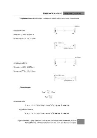[FARNSWORTH HOUSE] PROBLEMA 3_Grupo R-8

       . Diagramas de esfuerzos con los valores más significativos. Reacciones y deformada.



                                                                                                      52,2 Kn/m



Forjado de suelo                                                                 6,71



                                                                 Ra                          Rb
M+max = q L²/24= 97,6 Kn.m

M-max = q L²/12= 195,27 Kn.m

                                                            qL²/12=195,27 Kn.m
                                                                                 6,71

                                                                 -                               -
                                                                                 +
                                                                             qL²/24=97,60 Kn.m




                                                                                                       37,2 Kn/m



                                                                                 6,71
Forjado de cubierta
                                                                 Ra                              Rb
M+max = q L²/24= 69,57Kn.m

M-max = q L²/12= 139,15 Kn.m

                                                            qL²/12=139,15 Kn.m
                                                                                 6,71

                                                                 -                                -
                                                                                  +
                                                                             qL²/24=69,57 Kn.m




       . Dimensionado
                                                 3 áL
                                        σmáx =     L
                                                      ≤   σadm

                                                   3 áL
                                           Wx ≥     >

Forjado de suelo

                   Wx ≥ 195,27 / 275.000 = 7.10·10-4 m3 = 710 cm3          UPN 350

       Forjado de cubierta

                   Wx ≥ 139,15 / 275.000 = 5.06·10-4 m3 = 506 cm3          UPN 300



     Ángel Fernández López, Francisco León Muñoz, Álvaro Jesús Osuna Martín, Joaquín                        7
               Ramos Moreno, Mª Victoria Ramos Serrano, Juan José Raposo González.
 