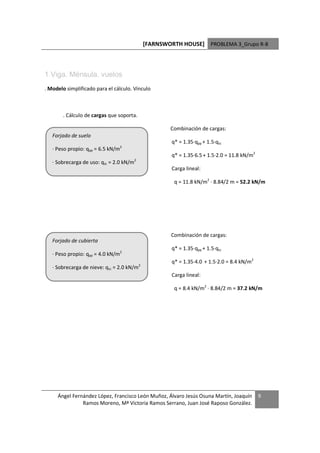 [FARNSWORTH HOUSE] PROBLEMA 3_Grupo R-8



1 Viga. Ménsula. vuelos
. Modelo simplificado para el cálculo. Vínculo



        . Cálculo de cargas que soporta.

                                                         Combinación de cargas:
   Forjado de suelo
                                                         q* = 1.35·qpp + 1.5·qsc
   · Peso propio: qpp = 6.5 kN/m2
                                                         q* = 1.35·6.5 + 1.5·2.0 = 11.8 kN/m2
                                         2
   · Sobrecarga de uso: qsc = 2.0 kN/m
                                                         Carga lineal:

                                                          q = 11.8 kN/m2 · 8.84/2 m = 52.2 kN/m




                                                         Combinación de cargas:
   Forjado de cubierta
                                                         q* = 1.35·qpp + 1.5·qsc
   · Peso propio: qpp = 4.0 kN/m2
                                                         q* = 1.35·4.0 + 1.5·2.0 = 8.4 kN/m2
                                             2
   · Sobrecarga de nieve: qsc = 2.0 kN/m
                                                         Carga lineal:

                                                          q = 8.4 kN/m2 · 8.84/2 m = 37.2 kN/m




     Ángel Fernández López, Francisco León Muñoz, Álvaro Jesús Osuna Martín, Joaquín            9
               Ramos Moreno, Mª Victoria Ramos Serrano, Juan José Raposo González.
 