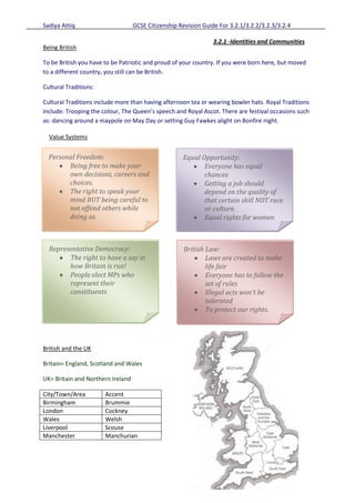 Sadiya Attiq                       GCSE Citizenship Revision Guide For 3.2.1/3.2.2/3.2.3/3.2.4

                                                                 3.2.1 -Identities and Communities
Being British

To be British you have to be Patriotic and proud of your country. If you were born here, but moved
to a different country, you still can be British.

Cultural Traditions:

Cultural Traditions include more than having afternoon tea or wearing bowler hats. Royal Traditions
include: Trooping the colour, The Queen’s speech and Royal Ascot. There are festival occasions such
as: dancing around a maypole on May Day or setting Guy Fawkes alight on Bonfire night.

  Value Systems


  Personal Freedom:                                  Equal Opportunity:
        Being free to make your                             Everyone has equal
        own decisions, careers and                          chances
        choices.                                            Getting a job should
        The right to speak your                             depend on the quality of
        mind BUT being careful to                           that certain skill NOT race
        not offend others while                             or culture.
        doing so.                                           Equal rights for women



  Representative Democracy:                           British Law:
        The right to have a say in                            Laws are created to make
        how Britain is run!                                   life fair
        People elect MPs who                                  Everyone has to follow the
        represent their                                       set of rules
        constituents                                          Illegal acts won’t be
                                                              tolerated
                                                              To protect our rights.




British and the UK

Britain= England, Scotland and Wales

UK= Britain and Northern Ireland

City/Town/Area         Accent
Birmingham             Brummie
London                 Cockney
Wales                  Welsh
Liverpool              Scouse
Manchester             Manchurian
 