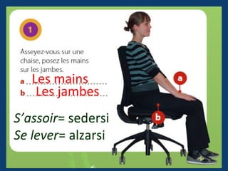 Les mains
Les jambes
S’assoir= sedersi
Se lever= alzarsi
 