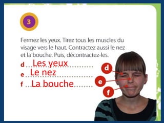 Les yeux
Le nez
La bouche
 