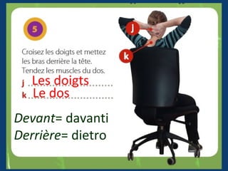 Les doigts
Le dos
Devant= davanti
Derrière= dietro
 