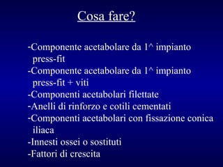 Cosa fare?
-Componente acetabolare da 1^ impianto
press-fit
-Componente acetabolare da 1^ impianto
press-fit + viti
-Componenti acetabolari filettate
-Anelli di rinforzo e cotili cementati
-Componenti acetabolari con fissazione conica
iliaca
-Innesti ossei o sostituti
-Fattori di crescita

 