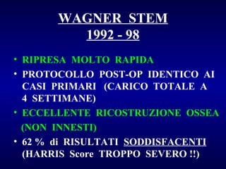 WAGNER STEM
1992 - 98
• RIPRESA MOLTO RAPIDA
• PROTOCOLLO POST-OP IDENTICO AI
CASI PRIMARI (CARICO TOTALE A
4 SETTIMANE)
• ECCELLENTE RICOSTRUZIONE OSSEA
(NON INNESTI)
• 62 % di RISULTATI SODDISFACENTI
(HARRIS Score TROPPO SEVERO !!)

 