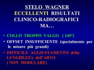 STELO WAGNER
ECCELLENTI RISULTATI
CLINICO-RADIOGRAFICI
MA…
• COLLO TROPPO VALGO ( 145°)
• OFFSET INSUFFICIENTE (specialmente per
le misure più grandi)
• DIFFICILE AGGIUSTAMENTO della
LUNGHEZZA dell’ARTO
( NON MODULARE)

 