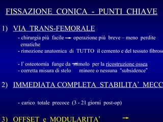FISSAZIONE CONICA - PUNTI CHIAVE
1) VIA TRANS-FEMORALE

- chirurgia più facile
operazione più breve – meno perdite
ematiche
- rimozione anatomica di TUTTO il cemento e del tessuto fibroso
- l’ osteotomia funge da stimolo per la ricostruzione ossea
- corretta misura di stelo
minore o nessuna “subsidence”

2) IMMEDIATA COMPLETA STABILITA’ MECC
- carico totale precoce (3 - 21 giorni post-op)

3) OFFSET e MODULARITA’

 