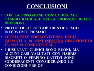 CONCLUSIONI
• CON LA FISSAZIONE CONICA DISTALE
CAMBIO RADICALE NELLA PROGNOSI DELLE
REVISIONI
• PROTOCOLLO POST-OP IDENTICO AGLI
INTERVENTI PRIMARI
• ECCELLENTE SOPRAVVIVENZA DEGLI
IMPIANTI A 10 ANNI (NESSUNA RIMOZIONE DI
T3, MT3 O CONE CONICAL )
• I RISULTATI CLINICI SONO BUONI, MA
ALCUNI CASI VALUTATI CON HARRIS
DISCRETI O PERFINO CATTIVI SONO
SODDISFACENTI CONSIDERANDO LE
CONDIZIONI PRE-OP

 
