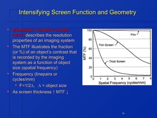 Intensifying Screen Function and Geometry








Modulation Transfer Function
(MTF) describes the resolution
properties of an imaging system
The MTF illustrates the fraction
(or %) of an object’s contrast that
is recorded by the imaging
system as a function of object
size (spatial frequency)
Frequency (linepairs or
cycles/mm)
 F=1/2∆, ∆ = object size
As screen thickness ↑ MTF ↓

18

 