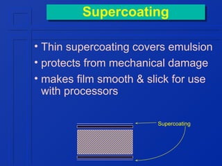Supercoating
Supercoating
• Thin supercoating covers emulsion
• protects from mechanical damage
• makes film smooth & slick for use
with processors
Supercoating

 
