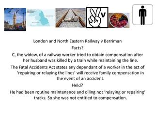 London and North Eastern Railway v Berriman
                                   Facts?
 C, the widow, of a railway worker tried to obtain compensation after
       her husband was killed by a train while maintaining the line.
The Fatal Accidents Act states any dependant of a worker in the act of
    ‘repairing or relaying the lines’ will receive family compensation in
                          the event of an accident.
                                   Held?
He had been routine maintenance and oiling not ‘relaying or repairing‘
             tracks. So she was not entitled to compensation.
 