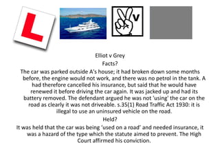 Elliot v Grey
                                      Facts?
  The car was parked outside A's house; it had broken down some months
   before, the engine would not work, and there was no petrol in the tank. A
        had therefore cancelled his insurance, but said that he would have
       renewed it before driving the car again. It was jacked up and had its
    battery removed. The defendant argued he was not 'using' the car on the
      road as clearly it was not driveable. s.35(1) Road Traffic Act 1930: it is
                 illegal to use an uninsured vehicle on the road.
                                      Held?
It was held that the car was being ‘used on a road’ and needed insurance, it
     was a hazard of the type which the statute aimed to prevent. The High
                           Court affirmed his conviction.
 