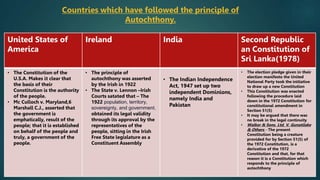 Countries which have followed the principle of
Autochthony.
United States of
America
Ireland India Second Republic
an Constitution of
Sri Lanka(1978)
• The Constitution of the
U.S.A. Makes it clear that
the basis of their
Constitution is the authority
of the people.
• Mc Culloch v. Maryland,6
Marshall C.J., asserted that
the government is
emphatically, result of the
people; that it is established
on behalf of the people and
truly, a government of the
people.
• The principle of
autochthony was asserted
by the Irish in 1922
• The State v. Lennon –Irish
Courts satated that – The
1922 population, territory,
sovereignty, and government.
obtained its legal validity
through its approval by the
representatives of the
people, sitting in the Irish
Free State legislature as a
Constituent Assembly
• The Indian Independence
Act, 1947 set up two
independent Dominions,
namely India and
Pakistan
• The election pledge given in their
election manifesto the United
National Party took the initiative
to draw up a new Constitution
• This Constitution was enacted
following the procedure laid
down in the 1972 Constitution for
constitutional amendment in
Section 51(5)
• It may be argued that there was
no break in the legal continuity
• Walker & Sons. Ltd. V. Gunatilake
& Others - The present
Constitution being a creature
provided for by Section 51(5) of
the 1972 Constitution, is a
derivative of the 1972
Constitution and that, for that
reason it is a Constitution which
responds to the principle of
autochthony
 
