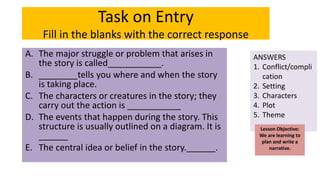 Task on Entry
Fill in the blanks with the correct response
A. The major struggle or problem that arises in
the story is called___________.
B. ________tells you where and when the story
is taking place.
C. The characters or creatures in the story; they
carry out the action is ___________
D. The events that happen during the story. This
structure is usually outlined on a diagram. It is
______
E. The central idea or belief in the story.______.
ANSWERS
1. Conflict/compli
cation
2. Setting
3. Characters
4. Plot
5. Theme
Lesson Objective:
We are learning to
plan and write a
narrative.
 