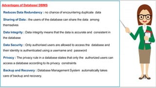 Advantages of Database/ DBMS
Reduces Data Redundancy : no chance of encountering duplicate data
Sharing of Data : the users of the database can share the data among
themselves
Data Integrity : Data integrity means that the data is accurate and consistent in
the database
Data Security : Only authorised users are allowed to access the database and
their identity is authenticated using a username and password
Privacy : The privacy rule in a database states that only the authorized users can
access a database according to its privacy constraints
Backup and Recovery : Database Management System automatically takes
care of backup and recovery.
 