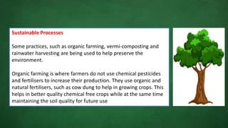 Sustainable Processes
Some practices, such as organic farming, vermi-composting and
rainwater harvesting are being used to help preserve the
environment.
Organic farming is where farmers do not use chemical pesticides
and fertilisers to increase their production. They use organic and
natural fertilisers, such as cow dung to help in growing crops. This
helps in better quality chemical free crops while at the same time
maintaining the soil quality for future use
 