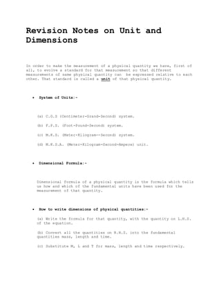 Revision notes on unit and dimensions | DOCX