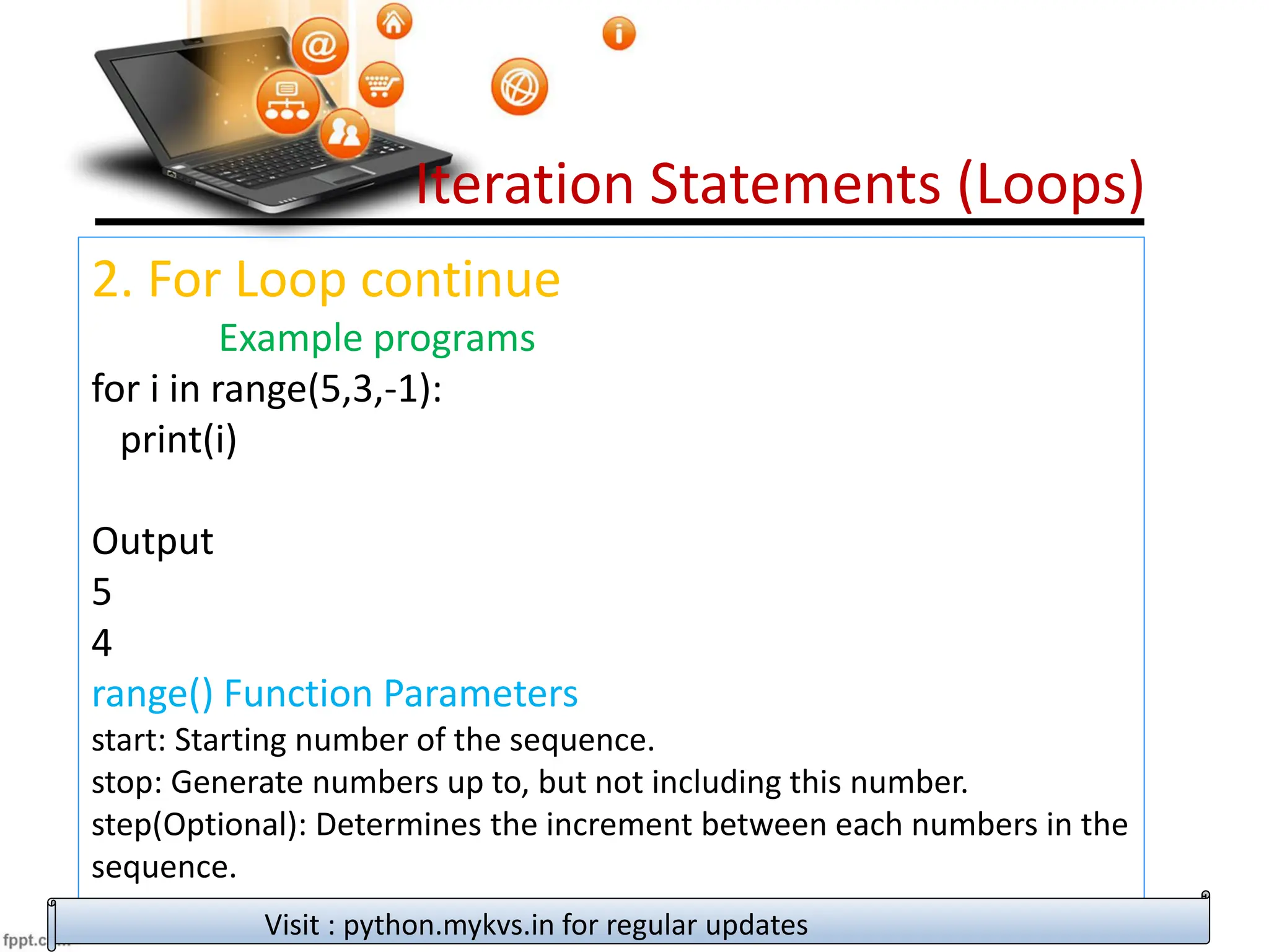 Iteration Statements (Loops)
2. For Loop continue
Example programs
for i in range(5,3,-1):
print(i)
Output
5
4
range() Function Parameters
start: Starting number of the sequence.
stop: Generate numbers up to, but not including this number.
step(Optional): Determines the increment between each numbers in the
sequence.
Visit : python.mykvs.in for regular updates
 
