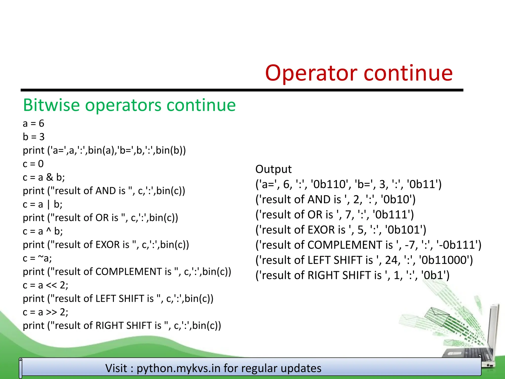 Operator continue Visit : python.mykvs.in for regular updates Bitwise operators continue a = 6 b = 3 print ('a=',a,':',bin(a),'b=',b,':',bin(b)) c = 0 c = a & b; print ("result of AND is ", c,':',bin(c)) c = a | b; print ("result of OR is ", c,':',bin(c)) c = a ^ b; print ("result of EXOR is ", c,':',bin(c)) c = ~a; print ("result of COMPLEMENT is ", c,':',bin(c)) c = a << 2; print ("result of LEFT SHIFT is ", c,':',bin(c)) c = a >> 2; print ("result of RIGHT SHIFT is ", c,':',bin(c)) Output ('a=', 6, ':', '0b110', 'b=', 3, ':', '0b11') ('result of AND is ', 2, ':', '0b10') ('result of OR is ', 7, ':', '0b111') ('result of EXOR is ', 5, ':', '0b101') ('result of COMPLEMENT is ', -7, ':', '-0b111') ('result of LEFT SHIFT is ', 24, ':', '0b11000') ('result of RIGHT SHIFT is ', 1, ':', '0b1') 