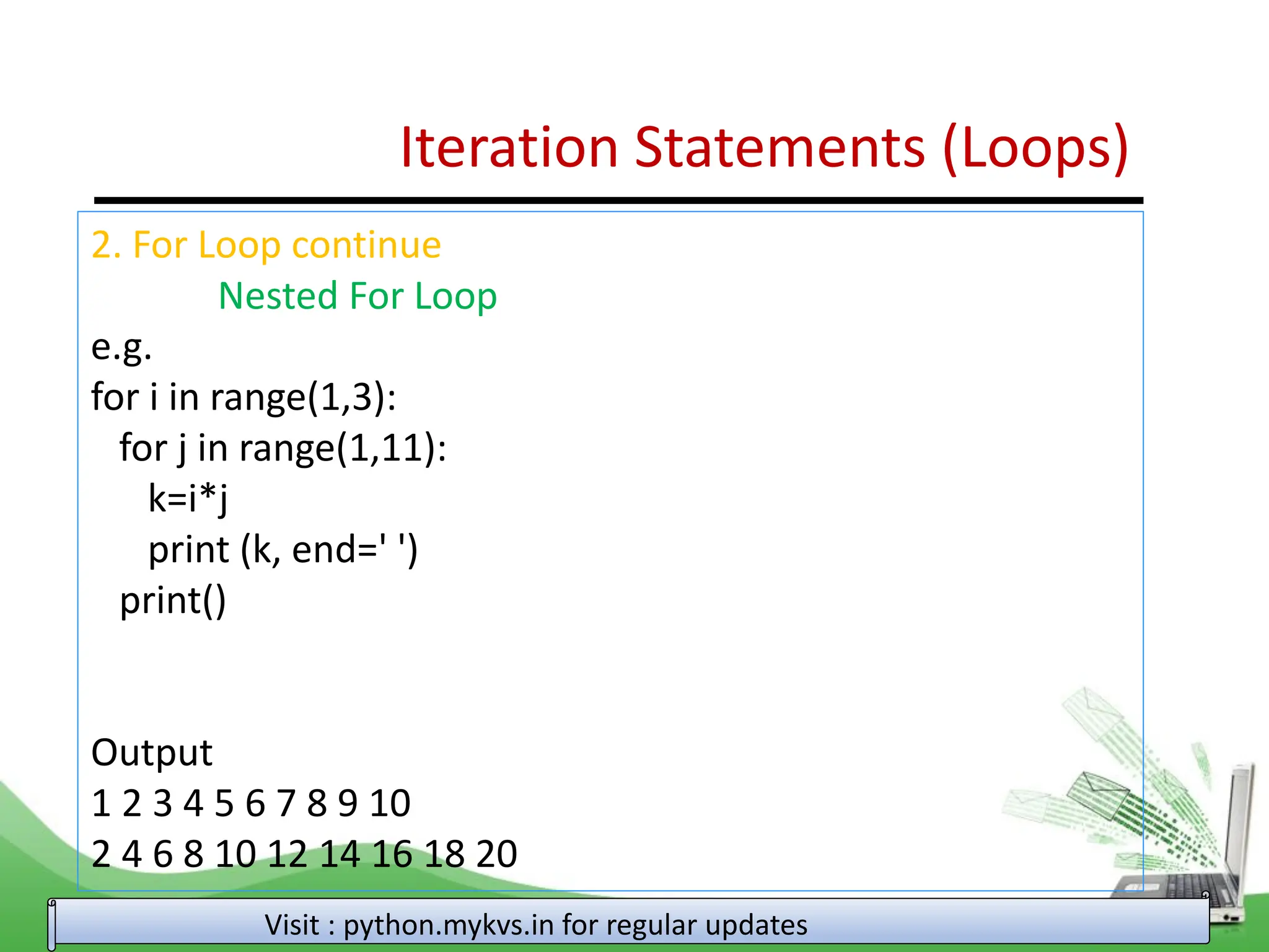 Iteration Statements (Loops) 2. For Loop continue Nested For Loop e.g. for i in range(1,3): for j in range(1,11): k=i*j print (k, end=' ') print() Output 1 2 3 4 5 6 7 8 9 10 2 4 6 8 10 12 14 16 18 20 Visit : python.mykvs.in for regular updates 