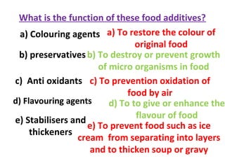 What is the function of these food additives?
a) Colouring agents
b) preservatives
c) Anti oxidants
d) Flavouring agents
e) Stabilisers and
thickeners
a) To restore the colour of
original food
b) To destroy or prevent growth
of micro organisms in food
c) To prevention oxidation of
food by air
d) To to give or enhance the
flavour of food
e) To prevent food such as ice
cream from separating into layers
and to thicken soup or gravy
 