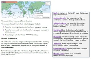 Fault: A fracture in the Earth’s crust that shows
                          signs of movement
                          Continental drift: the movement of the
                          continents over time through plate tectonics
                          Subduction Zone: the area of a destructive
                          plate boundary where one plate descends
              divergent   beneath another
            convergent    Convergent (aka destructive): where plates
                          collide together, forcing one plate downwards to
                          form either volcanoes or mountains or trenches
transform
                          Divergent (aka constructive): where plates are
                          moving apart, allowing magma from the mantle
                          to reach the earth’s surface + create new land
                          Transform: where plates slide past each
                          other, causing lots of earthquakes
                          Continental Crust: lighter, permanent land that
                          forms our continents
                          Oceanic Crust: denser crust under the
                          oceans, constantly recycled
 
