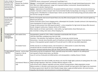 Settlement&Population urban change to
illustrate social,
economic and
environmental
planning and its
sustainability.
Gunwharf Quays,
Portsmouth
Olympic Site, Stratford
BedZed, London
Gunwharf – brownfield ex-military/industrial site, change to mix land use from 1999 with Gunwharf Quays (mix
residential, leisure, entertainment, commercial). Sustainable? S.E.E.
Olympics – unsustainable? Improved residential, commercial opportunities through hotels/shops/restaurants – short
term. Short term 5000 employment. Longer term improved facilities / environment. Reused brownfield site.
Improvement to derelict / deprived area.
BedZed – regeneration of brownfield site. Has purpose-built Eco-park, leisure + recreation, all necessary services (e.g.
schools) + local jobs to reduce transport need. Environmentally-friendly housing design, low-energy use, renewable
energy sources. Only 82homes so reduced impact. Homes use only 10% normal heating energy and locals produce 56%
less CO2 than average UK resident.
A case study to
illustrate how
retail service
provision
changes over
time.
Portsmouth Decline of local goods retail around Fawcett Road, area now offers discount goods or low-order consumer goods (e.g.
Mack & sons discount).
Decline of old town centre Tricorn shopping centre, redeveloped into Cascades. Cascades continues to be improved (e.g.
recent development of mall to include TK Maxx, etc.)
Change of retail provision from CBD toward Gunwharf – so less competition for high street the Quays offers discount
brands / designer/ outlet prices. However decline of Port Solent.
Move towards out-of-town supermarkets + retail outlets, e.g. hypermarkets, Ocean Retail park, etc. .
Also remember e-tailing, clone towns, ethical shopping, etc,.
A case study of
population
management
Anti-natalist China
Or
Pro-natalist France
Overpopulation, growth of 1.9% in 1950s so population would double after 50 years.
1979 One Child Policy: prohibited more than one child.
Incentives = free education, free healthcare, cheap rent, increase pay, priority housing
Disincentives = lose job, lose all benefits, pay for all healthcare and education. Granny policy. Forced abortions.
Success in that population growth slowed to 0.7% and will reach 0 in 2030, but now elderly dependent.
Fertility rate low at 1.6 child per woman, now increased to 2.1. More women in careers than family.
Introduced Code de la Grande Famille to encourage bigger families.
Incentives: increased maternity leave, £675 per month cash for third child, reduced public transport costs
A case study of
migration
Internal : rural-to-urban
migration in Rio de
Janeiro Brazil
OR
International: Mexico to
USA
Rural poverty and lack of employment. Many, especially young male workers, migrate to city seeking work.
Led to growth of favela shanty towns, e.g. Rocinha.
Issues of rural loss of educated and skilled workers, and overpopulation, crowding, disease in favelas.
Mexico GDP$ lower than USA at $12030, also literacy rate only 91%. Bright lights syndrome of seeking better life in USA.
Illegal and legal migrations. Now have +11million Mexican migrants in USA.
Issues of brain drain in Mexico, especially rural areas, and loss of young workers. Elderly dependents remain.
Mexican workers in USA often send money home to families so benefit, but taxes paid to USA if legal so less investment
for Mexican government. Benefit for USA of flexible cheaper labour supply and skilled workers. But social tensions,
inequality, discrimination and some pressure on services and education.
 