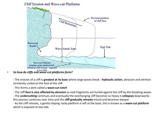 • So how do cliffs and wave-cut platforms form?
- The erosion of a cliff is greatest at its base where large waves break - hydraulic action, abrasion and attrition
constantly undercut the foot of the cliff
- This forms a dent called a wave-cut notch
- The cliff face is also affected by abrasion as rock fragments are hurled against the cliff by the breaking waves.
- The undercutting continues and eventually the overhanging cliff becomes so heavy it collapses downwards -
this process continues over time and the cliff gradually retreats inland and becomes steeper.
- As the cliff retreats, a gently-sloping rocky platform is left at the base, this is known as a wave-cut platform
which is exposed at low tide.
 