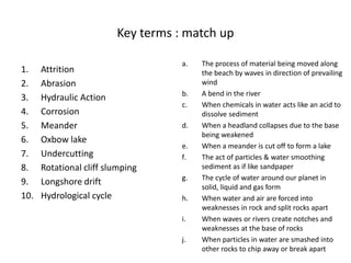Key terms : match up
1. Attrition
2. Abrasion
3. Hydraulic Action
4. Corrosion
5. Meander
6. Oxbow lake
7. Undercutting
8. Rotational cliff slumping
9. Longshore drift
10. Hydrological cycle
a. The process of material being moved along
the beach by waves in direction of prevailing
wind
b. A bend in the river
c. When chemicals in water acts like an acid to
dissolve sediment
d. When a headland collapses due to the base
being weakened
e. When a meander is cut off to form a lake
f. The act of particles & water smoothing
sediment as if like sandpaper
g. The cycle of water around our planet in
solid, liquid and gas form
h. When water and air are forced into
weaknesses in rock and split rocks apart
i. When waves or rivers create notches and
weaknesses at the base of rocks
j. When particles in water are smashed into
other rocks to chip away or break apart
 