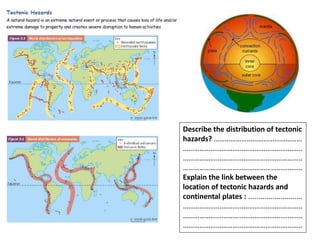 Describe the distribution of tectonic
hazards? …………………………………………
………………………………………………………..
………………………………………………………..
………………………………………………………..
Explain the link between the
location of tectonic hazards and
continental plates : ...........................
………………………………………………………..
………………………………………………………..
………………………………………………………..
 