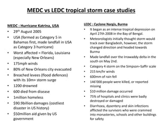 MEDC vs LEDC tropical storm case studies
MEDC : Hurricane Katrina, USA
• 29th August 2005
• USA (formed as Category 5 in
Bahamas first, made landfall in USA
as Category 3 hurricane)
• Worst affected = Florida, Louisiana
(especially New Orleans)
• 175mph winds
• 80% of New Orleans city evacuated
• Breached levees (flood defences)
with its 10m+ storm surge
• 1200 drowned
• 600 died from disease
• 1million homeless
• $90.9billion damages (costliest
disaster in US history)
• $50million aid given by US
government
LEDC : Cyclone Nargis, Burma
• It began as an intense tropical depression on
April 27th 2008 in the Bay of Bengal.
• Meteorologists initially thought storm would
track over Bangladesh, however, the storm
changed direction and headed towards
Burma
• Made landfall over the Irrawaddy delta in the
south on May 2nd.
• Category 4 storm on the Simpson–Saffir scale
• 215 km/hr winds
• 600mm of rain fell
• 146’000 people were killed, or reported
missing
• $10 million damage occurred
• 75% of hospitals and clinics were badly
destroyed or damaged
• Diarrhoea, dysentery and skin infections
afflicted the survivors who were crammed
into monasteries, schools and other buildings
for safety
 