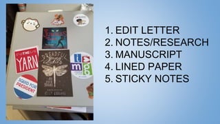 1. EDIT LETTER
2. NOTES/RESEARCH
3. MANUSCRIPT
4. LINED PAPER
5. STICKY NOTES
 
