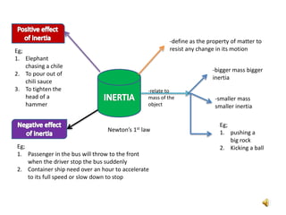 -define as the property of matter to
resist any change in its motion
Newton’s 1st law
-relate to
mass of the
object
-bigger mass bigger
inertia
-smaller mass
smaller inertia
Eg;
1. pushing a
big rock
2. Kicking a ball
Eg;
1. Elephant
chasing a chile
2. To pour out of
chili sauce
3. To tighten the
head of a
hammer
Eg;
1. Passenger in the bus will throw to the front
when the driver stop the bus suddenly
2. Container ship need over an hour to accelerate
to its full speed or slow down to stop
 